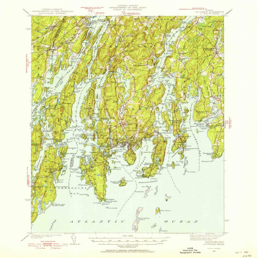 YellowMaps Boothbay ME topo map, 1:62500 Scale, 15 X 15 Minute, Historical, 1941, Updated 1955, 20.8 x 17 in - Tyvek