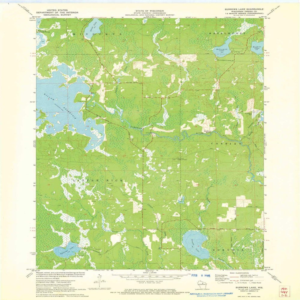 YellowMaps Burrows Lake WI topo map, 1:24000 Scale, 7.5 X 7.5 Minute, Historical, 1971, Updated 1973, 27.22 x 21.06 in - Tyvek