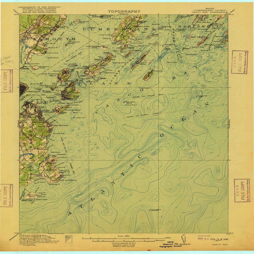 YellowMaps Casco Bay ME topo map, 1:62500 Scale, 15 X 15 Minute, Historical, 1916, 20.3 x 15.5 in - Polypropylene