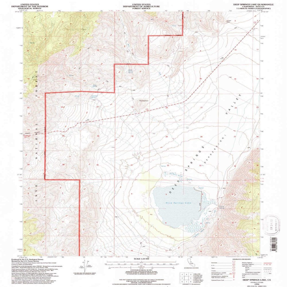 YellowMaps Deep Springs Lake CA topo map, 1:24000 Scale, 7.5 X 7.5 Minute, Historical, 1994, Updated 1997, 26.6 x 21.9 in - Polypropylene