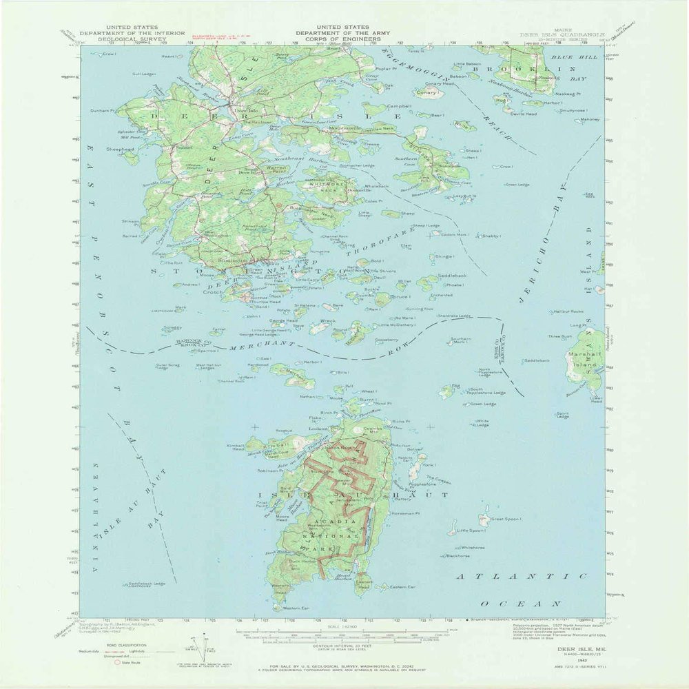 YellowMaps Deer Isle ME topo map, 1:62500 Scale, 15 X 15 Minute, Historical, 1942, Updated 1971, 21 x 16.5 in - Polypropylene