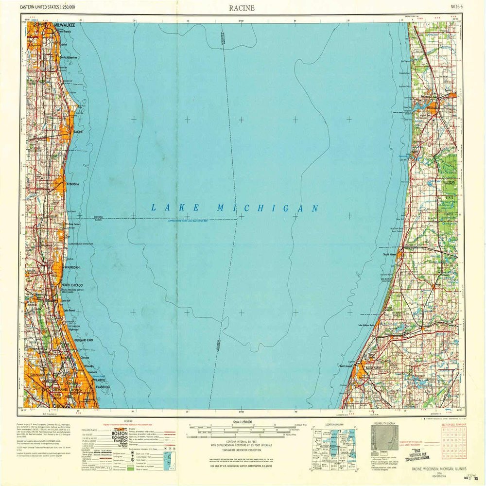 YellowMaps Racine WI topo map, 1:250000 Scale, 1 X 2 Degree, Historical, 1958, Updated 1971, 22.03 x 29.11 in - Polypropylene