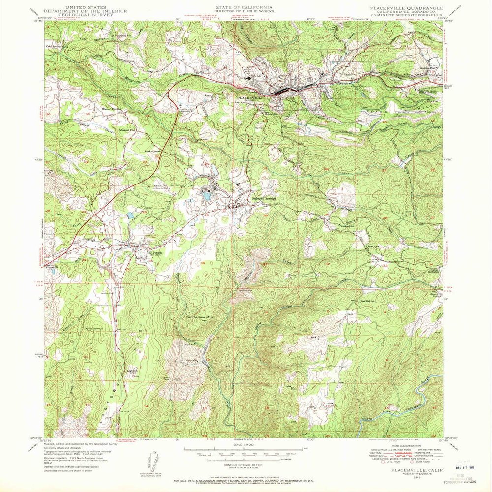YellowMaps Placerville CA topo map, 1:24000 Scale, 7.5 X 7.5 Minute, Historical, 1949, Updated 1955, 26.8 x 22 in - Polypropylene