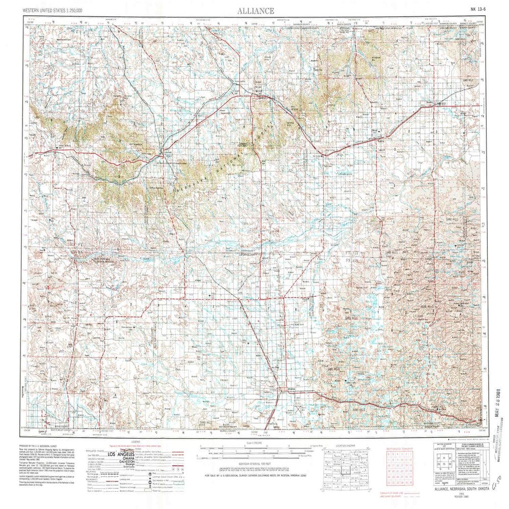 YellowMaps Alliance NE topo map, 1:250000 Scale, 1 X 2 Degree, Historical, 1955, Updated 1981, 22.1 x 29.2 in - Polypropylene