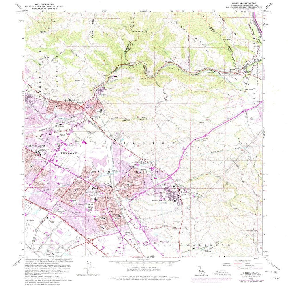 YellowMaps Niles CA topo map, 1:24000 Scale, 7.5 X 7.5 Minute, Historical, 1961, Updated 1975, 26.9 x 22 in - Tyvek