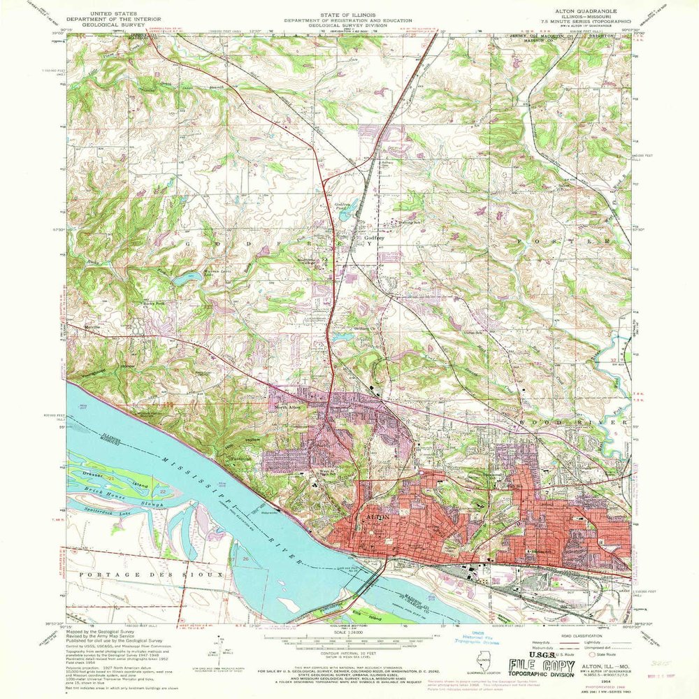 YellowMaps Alton IL topo map, 1:24000 Scale, 7.5 X 7.5 Minute, Historical, 1954, Updated 1969, 27 x 22 in - Polypropylene