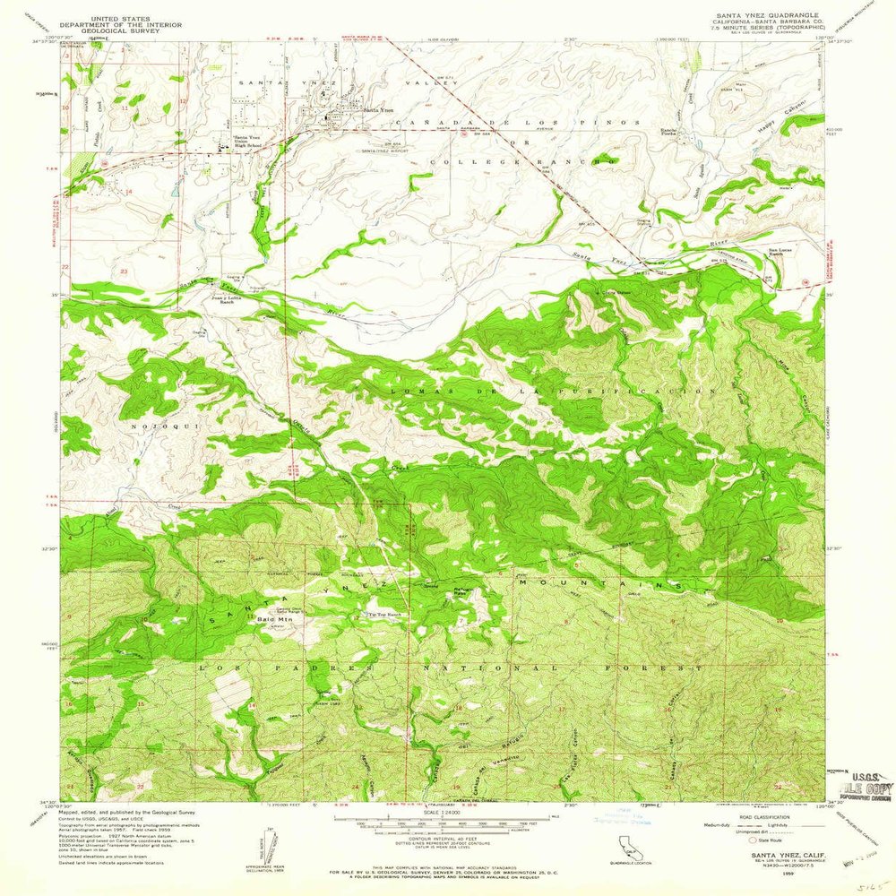 YellowMaps Santa Ynez CA topo map, 1:24000 Scale, 7.5 X 7.5 Minute, Historical, 1959, Updated 1960, 26.8 x 22.1 in - Tyvek