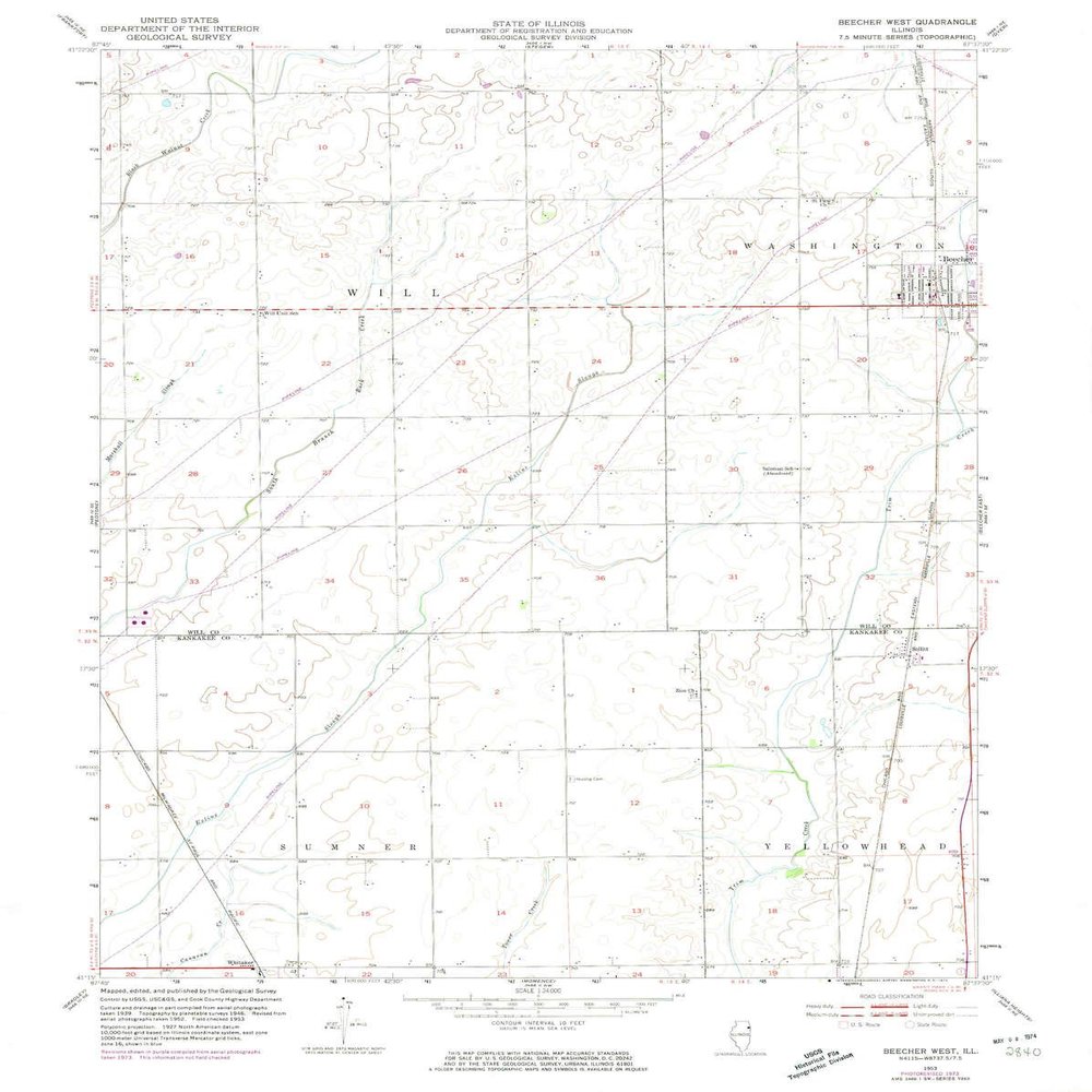 YellowMaps Beecher West IL topo map, 1:24000 Scale, 7.5 X 7.5 Minute, Historical, 1953, Updated 1974, 26.8 x 21.4 in - Polypropylene