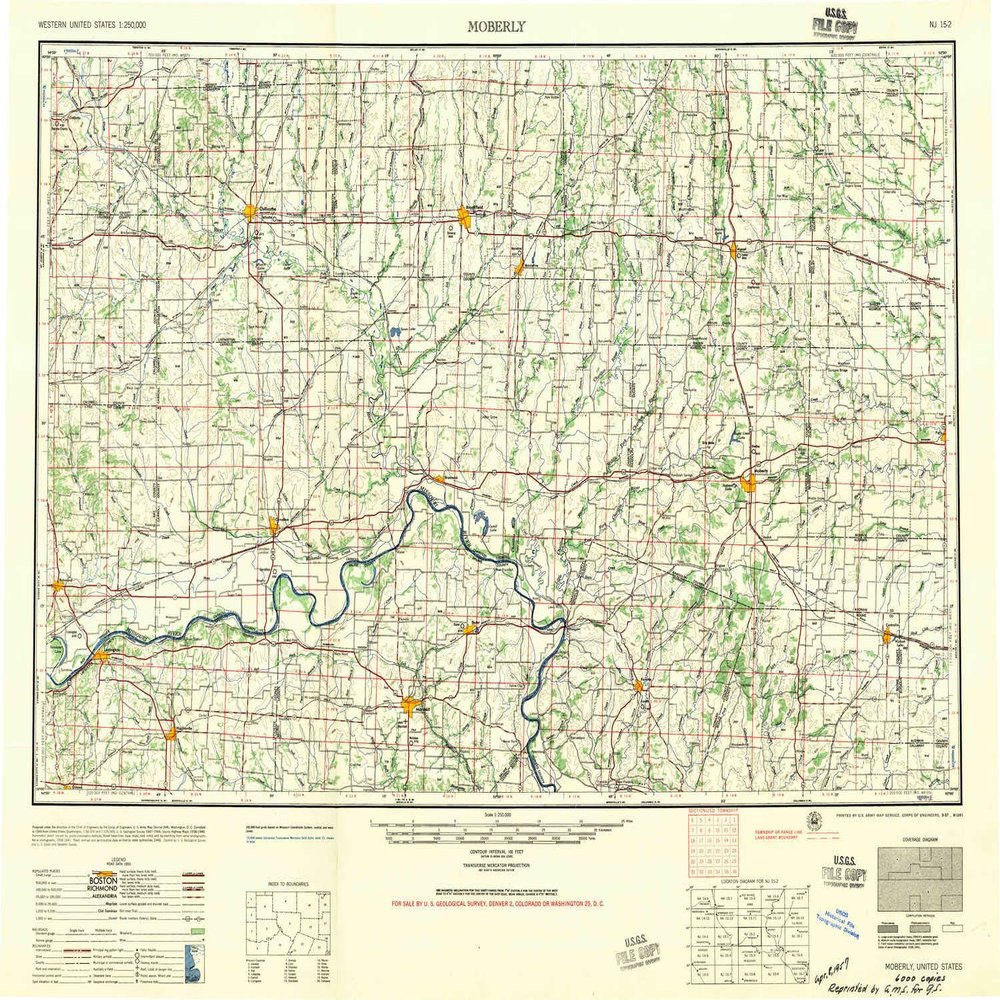 YellowMaps Moberly MO topo map, 1:250000 Scale, 1 X 2 Degree, Historical, 1957, Updated 1957, 23.9 x 30.2 in - Polypropylene