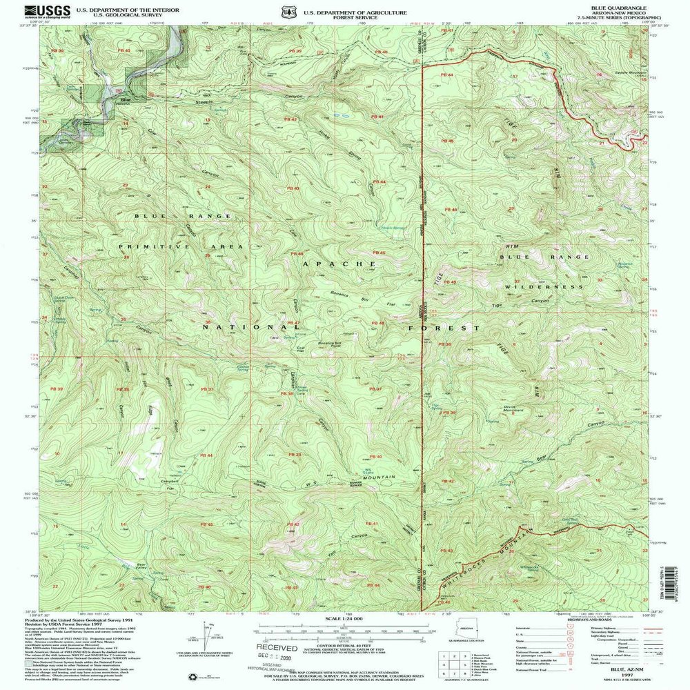 YellowMaps Blue AZ topo map, 1:24000 Scale, 7.5 X 7.5 Minute, Historical, 1997, Updated 2000, 26.8 x 21.6 in - Tyvek