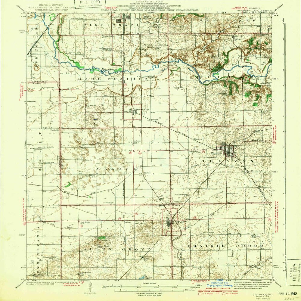 YellowMaps Delavan IL topo map, 1:62500 Scale, 15 X 15 Minute, Historical, 1942, 19.8 x 16.4 in - Tyvek