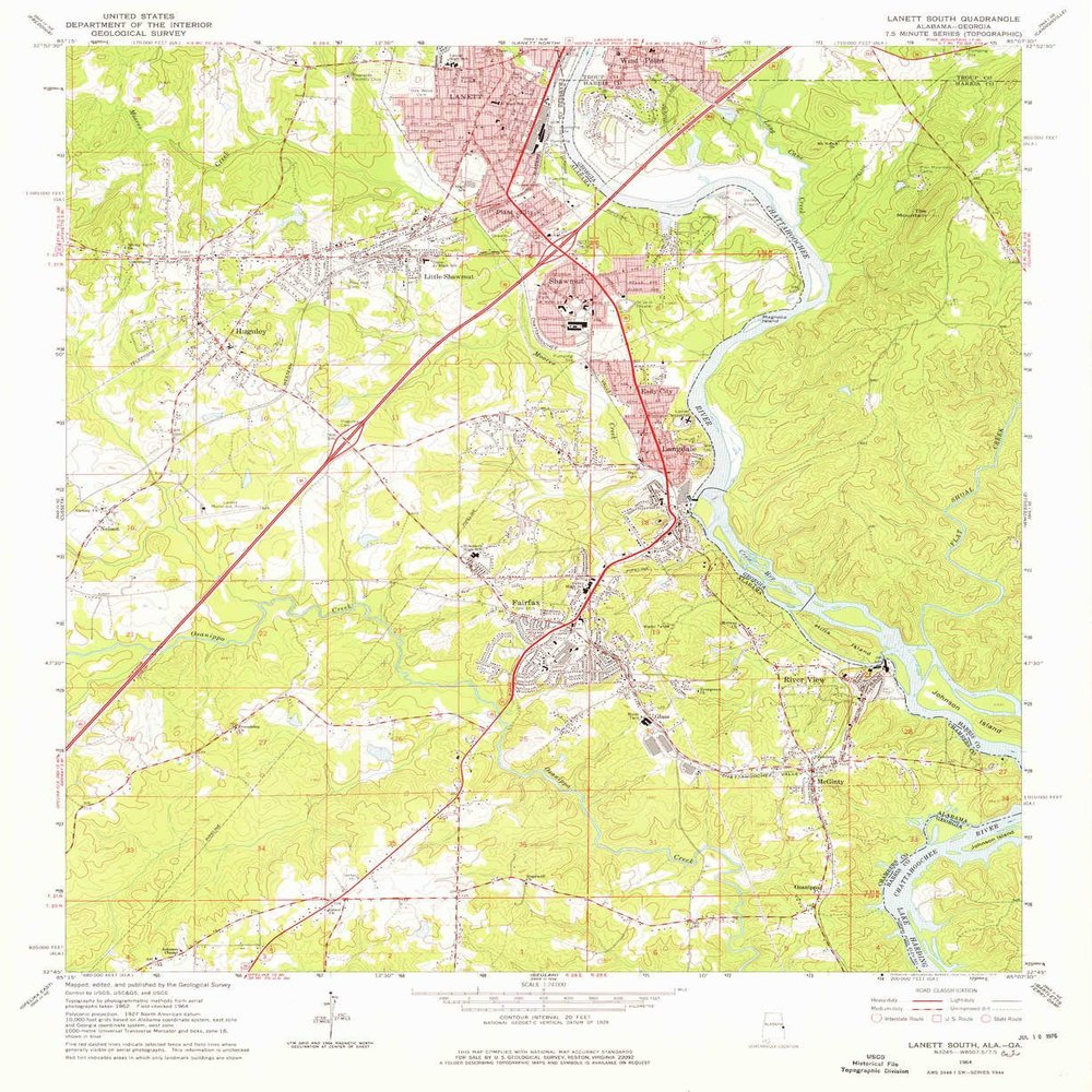 YellowMaps Lanett South AL topo map, 1:24000 Scale, 7.5 X 7.5 Minute, Historical, 1964, Updated 1976, 26.8 x 22 in - Polypropylene