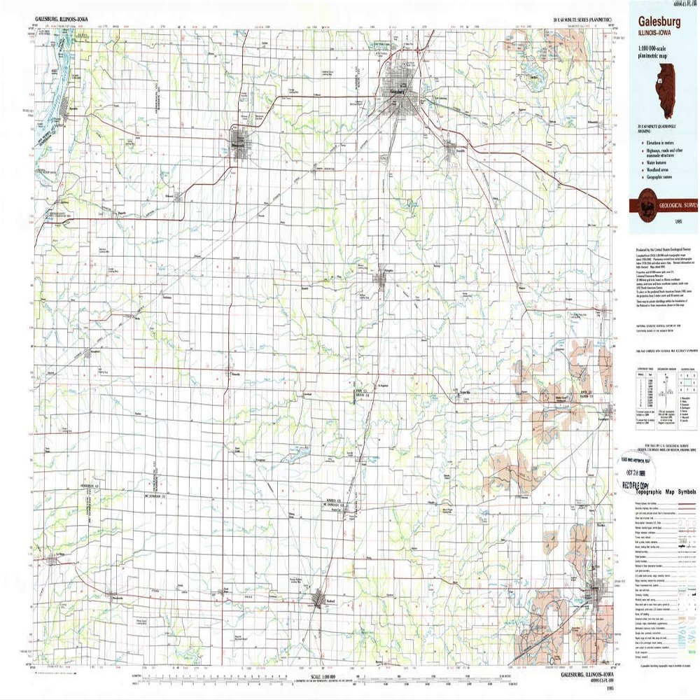YellowMaps Galesburg IL topo map, 1:100000 Scale, 30 X 60 Minute, Historical, 1985, Updated 1988, 24.1 x 40.2 in - Tyvek