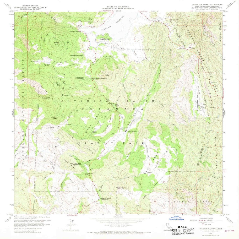 YellowMaps Cuyamaca Peak CA topo map, 1:24000 Scale, 7.5 X 7.5 Minute, Historical, 1960, Updated 1970, 26.9 x 22 in - Tyvek