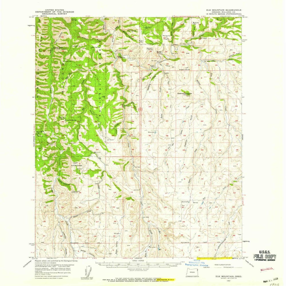 YellowMaps Elk Mountain OR topo map, 1:62500 Scale, 15 X 15 Minute, Historical, 1957, Updated 1959, 20.8 x 17 in - Tyvek