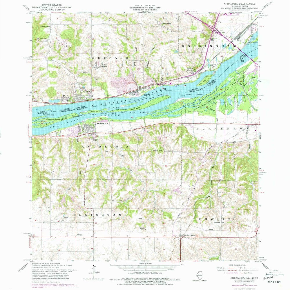 YellowMaps Andalusia IL topo map, 1:24000 Scale, 7.5 X 7.5 Minute, Historical, 1953, Updated 1977, 26.8 x 22 in - Tyvek