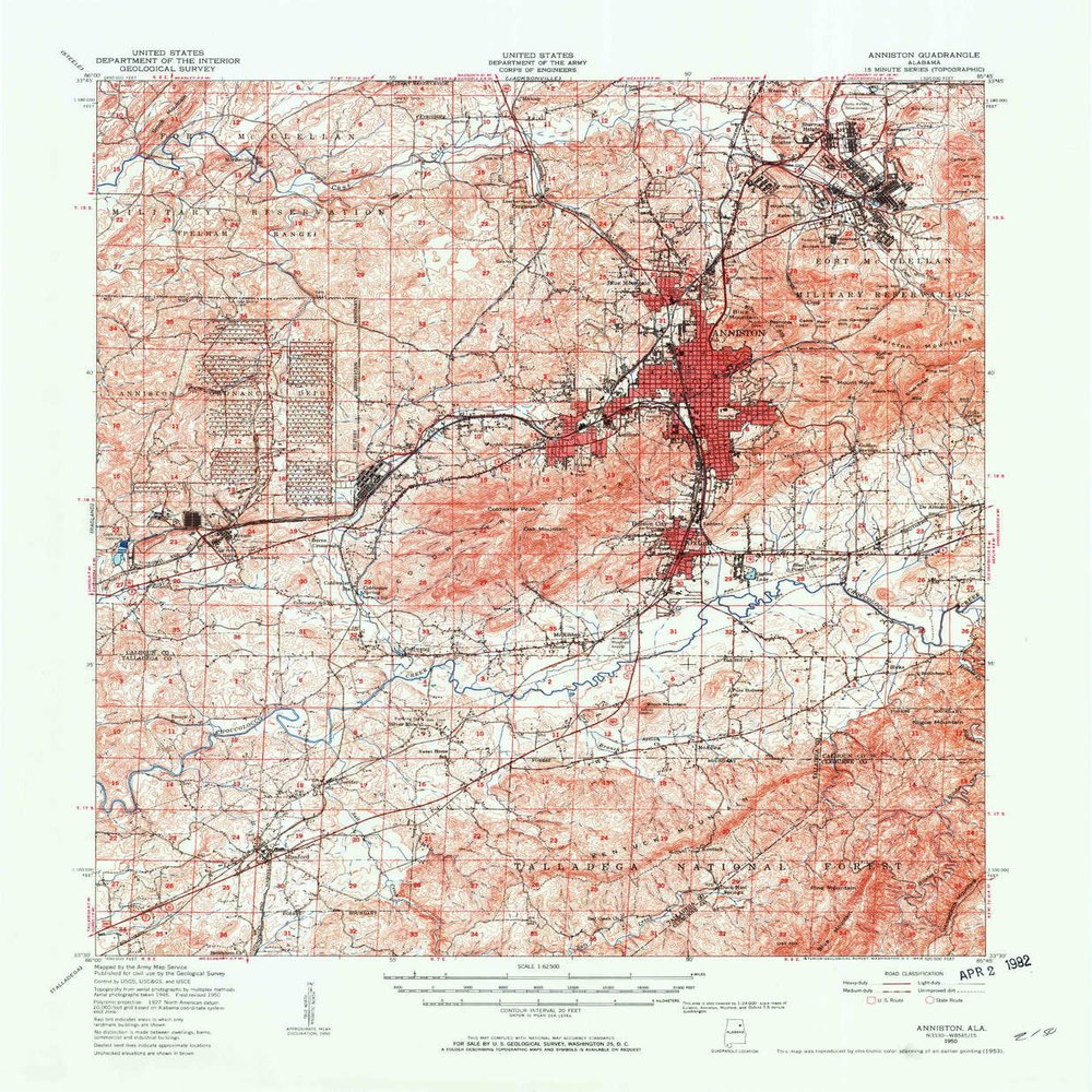 YellowMaps Anniston AL topo map, 1:62500 Scale, 15 X 15 Minute, Historical, 1950, Updated 1953, 21.8 x 18 in - Polypropylene