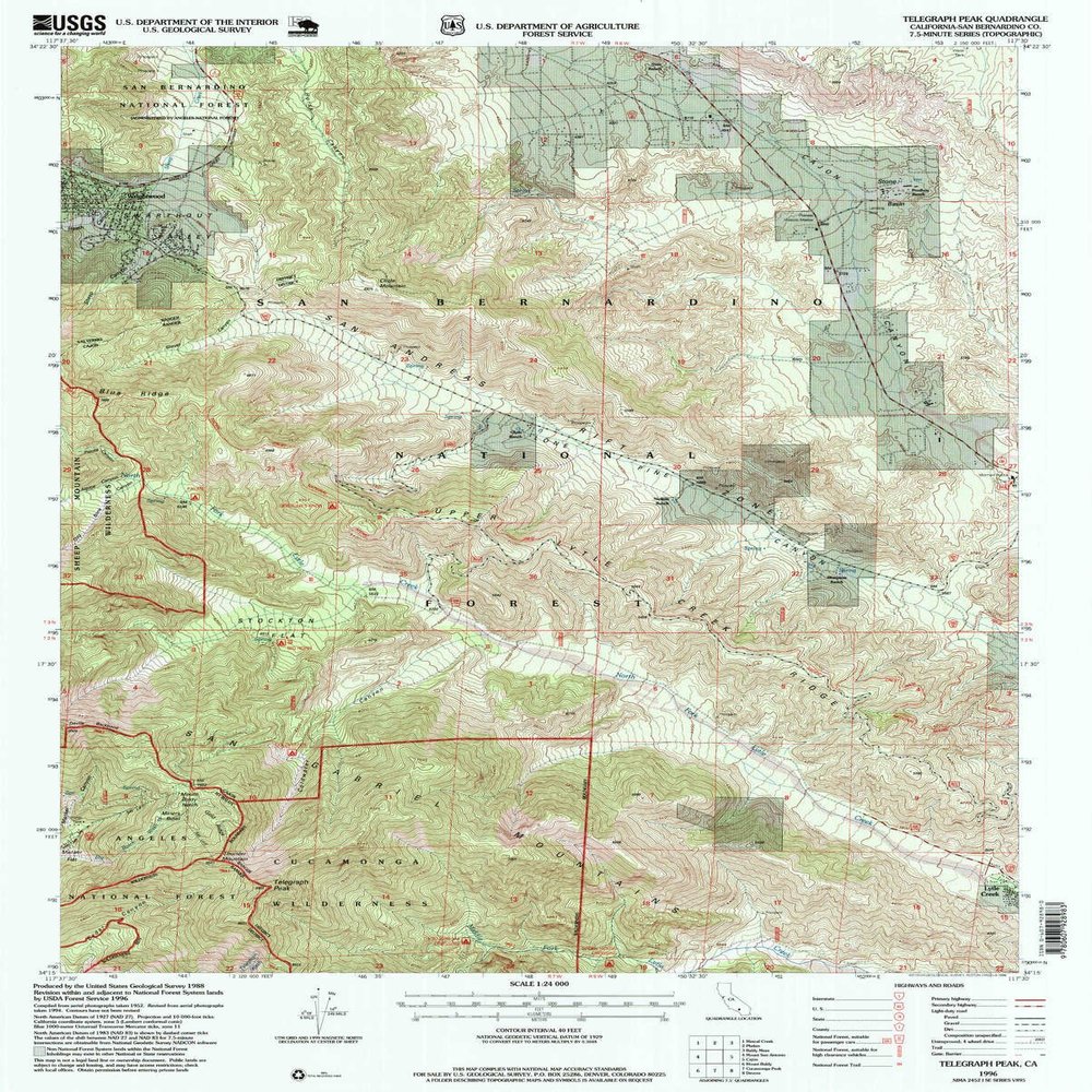 YellowMaps Telegraph Peak CA topo map, 1:24000 Scale, 7.5 X 7.5 Minute, Historical, 1996, Updated 1999, 26.8 x 21.5 in - Polypropylene