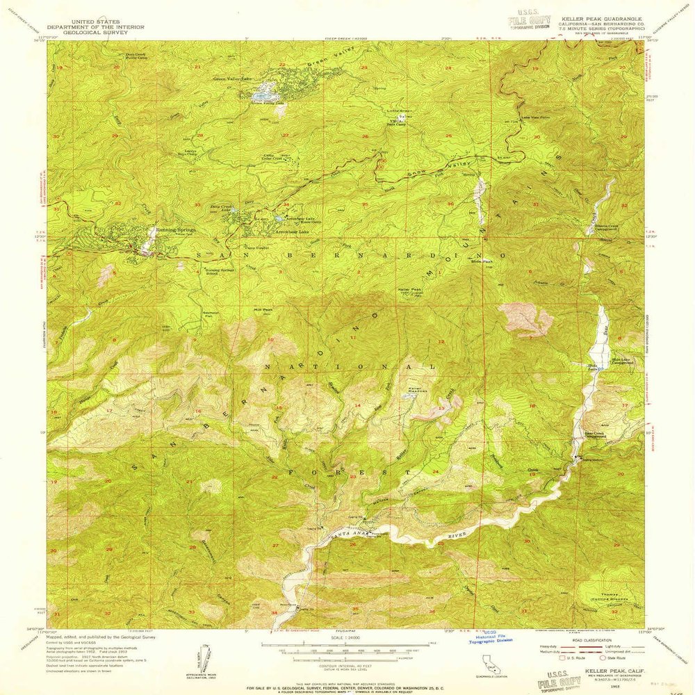Keller Peak CA topo map, 1:24000 Scale, 7.5 X 7.5 Minute, Historical, 1953, Updated 1955, 26.9 x 22 in - Tyvek