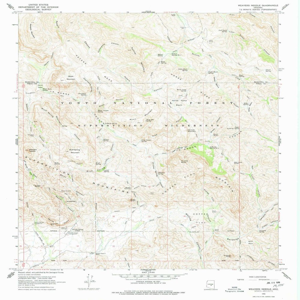 YellowMaps Weavers Needle AZ topo map, 1:24000 Scale, 7.5 X 7.5 Minute, Historical, 1966, Updated 1978, 26.7 x 22 in - Polypropylene