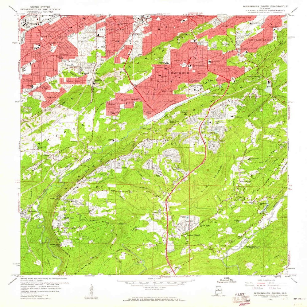 YellowMaps Birmingham South AL topo map, 1:24000 Scale, 7.5 X 7.5 Minute, Historical, 1959, Updated 1960, 26.9 x 21.9 in - Tyvek