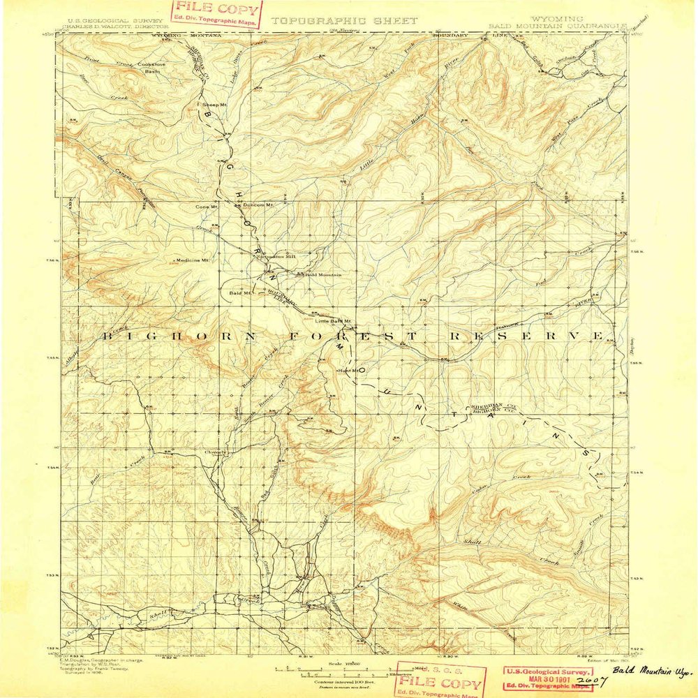 YellowMaps Bald Mountain WY topo map, 1:125000 Scale, 30 X 30 Minute, Historical, 1901, 19.7 x 15.4 in - Tyvek