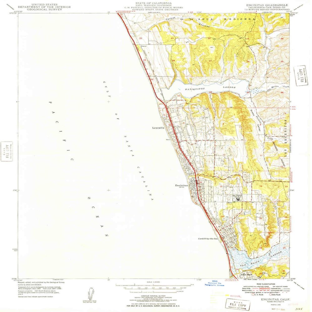 YellowMaps Encinitas CA topo map, 1:24000 Scale, 7.5 X 7.5 Minute, Historical, 1949, Updated 1949, 26.7 x 22 in - Tyvek
