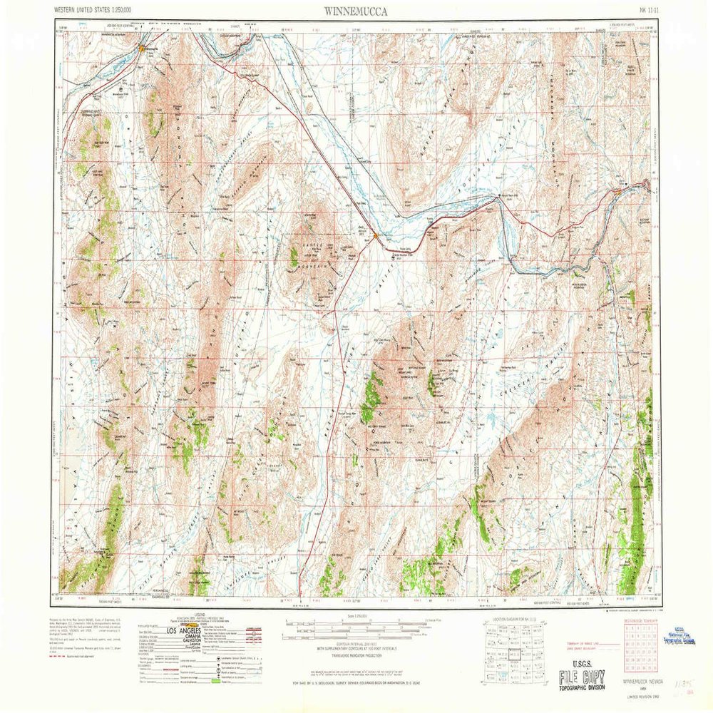 YellowMaps Winnemucca NV topo map, 1:250000 Scale, 1 X 2 Degree, Historical, 1955, Updated 1968, 22.1 x 32.2 in - Polypropylene