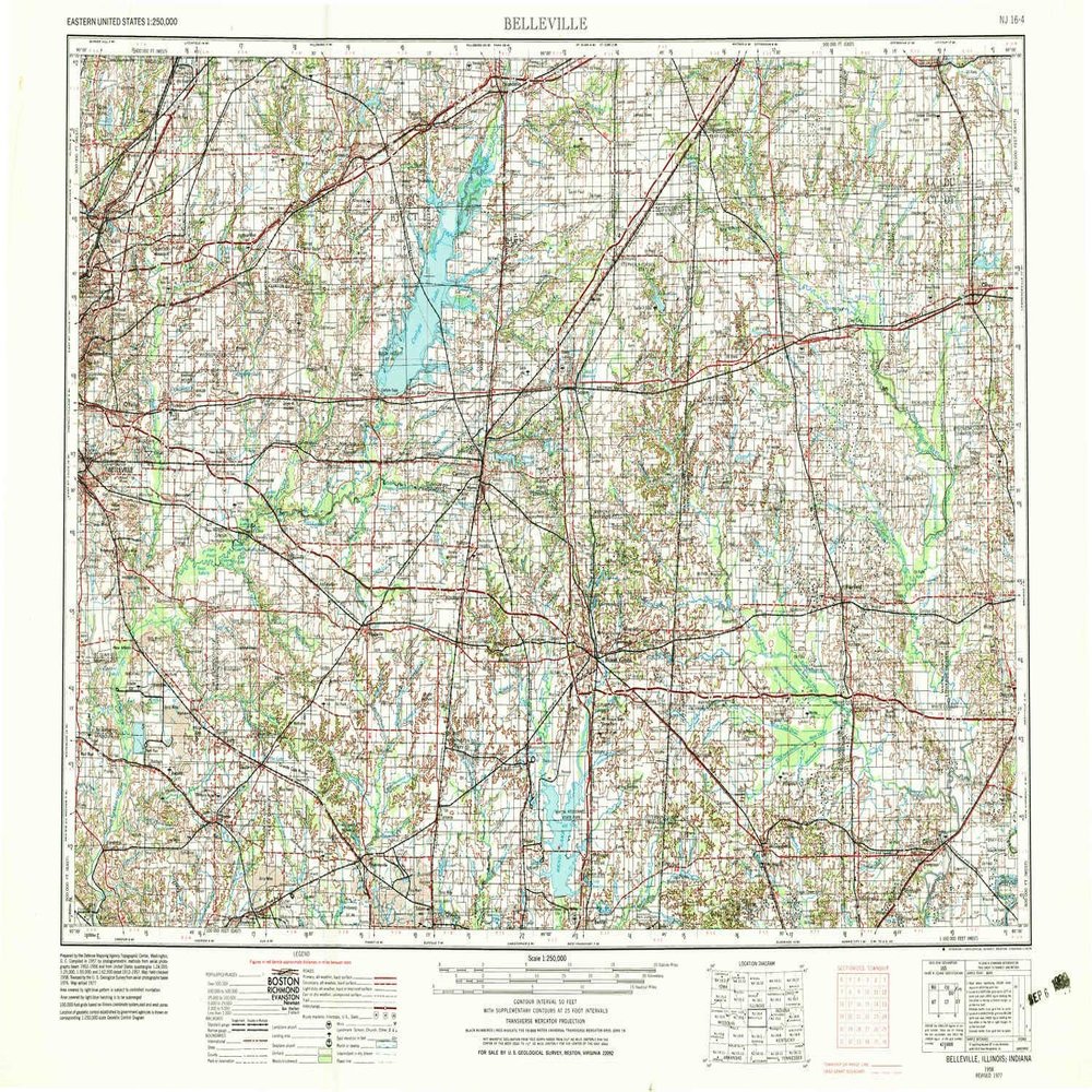 Belleville IL topo map, 1:250000 Scale, 1 X 2 Degree, Historical, 1958, Updated 1978, 21.9 x 32 in - Tyvek
