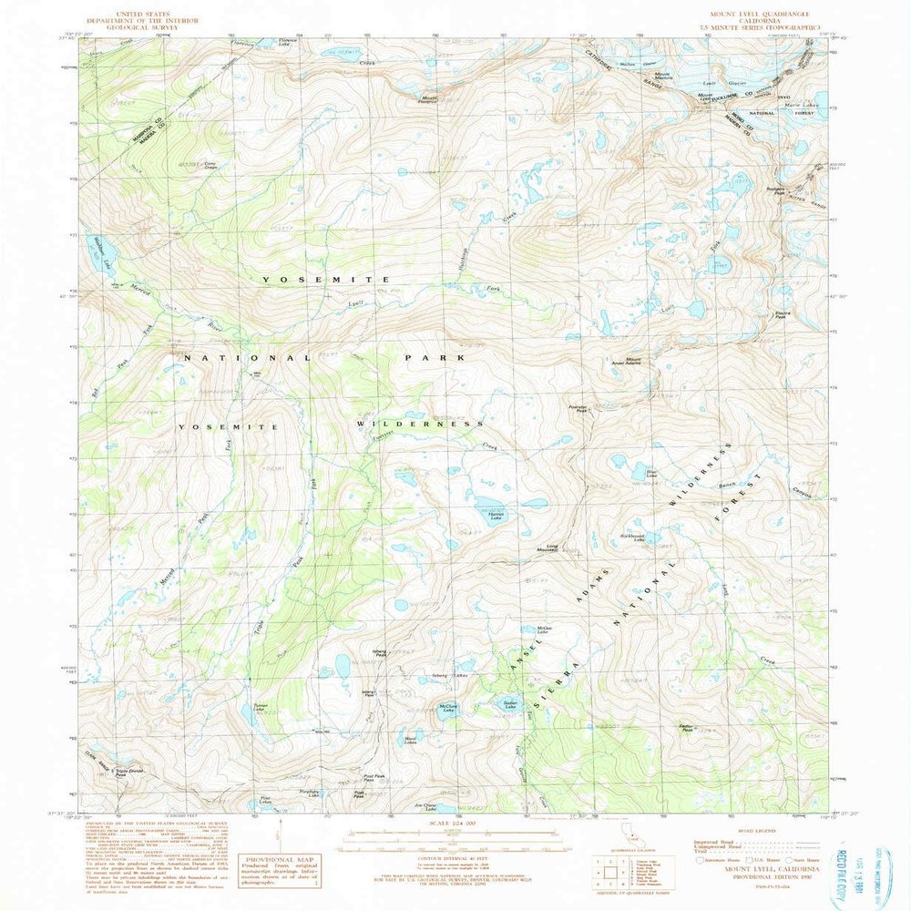 Mount Lyell CA topo map, 1:24000 Scale, 7.5 X 7.5 Minute, Historical, 1990, Updated 1990, 26.6 x 21.8 in - Tyvek