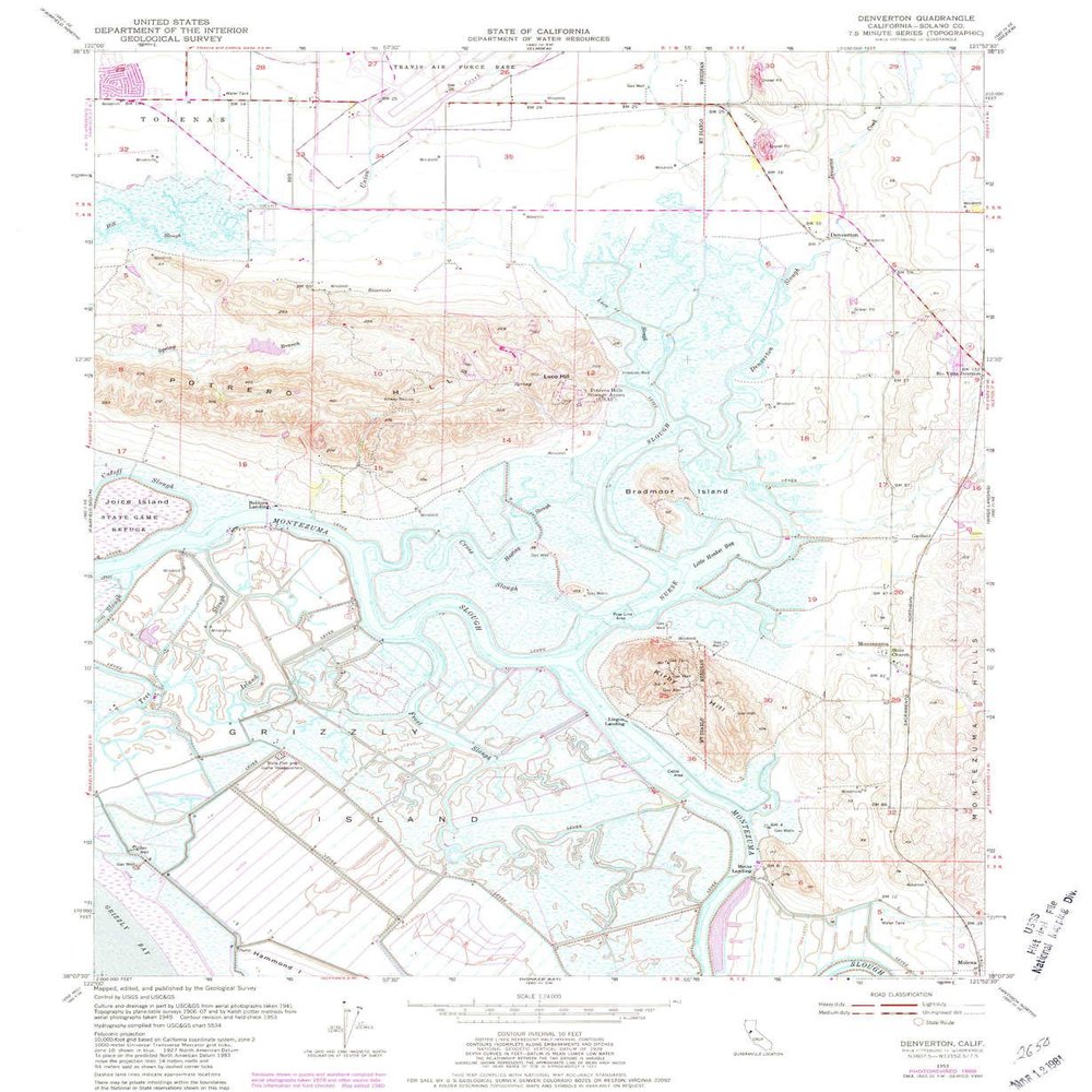 YellowMaps Denverton CA topo map, 1:24000 Scale, 7.5 X 7.5 Minute, Historical, 1953, Updated 1981, 26.9 x 22 in - Tyvek