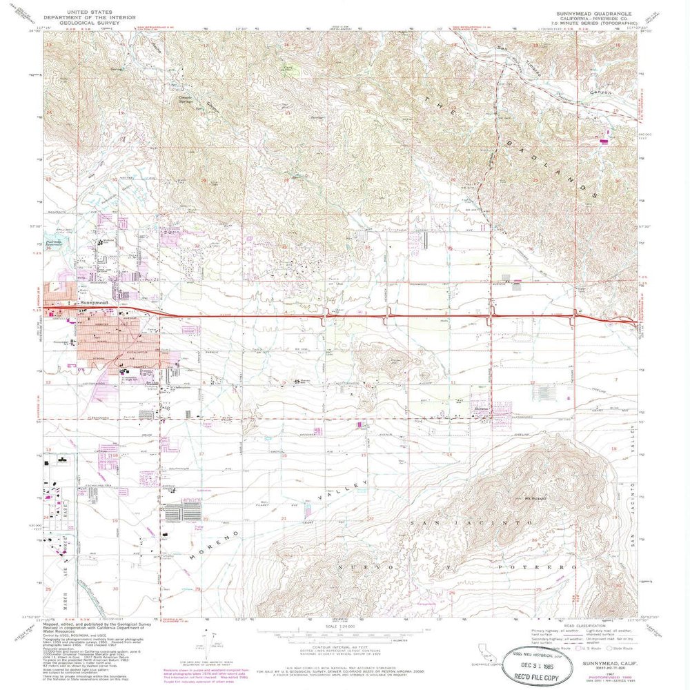 YellowMaps Sunnymead CA topo map, 1:24000 Scale, 7.5 X 7.5 Minute, Historical, 1967, Updated 1985, 26.8 x 22 in - Tyvek