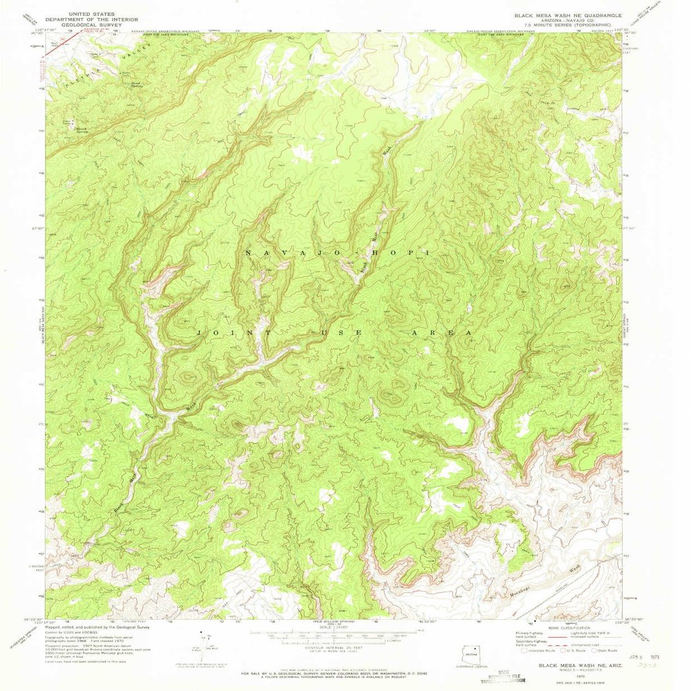 YellowMaps Black Mesa Wash NE AZ topo map, 1:24000 Scale, 7.5 X 7.5 Minute, Historical, 1970, Updated 1973, 26.8 x 22 in - Polypropylene