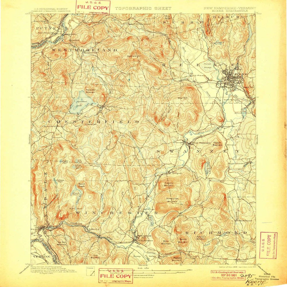YellowMaps Keene NH topo map, 1:62500 Scale, 15 X 15 Minute, Historical, 1898, Updated 1901, 20 x 16.4 in - Tyvek