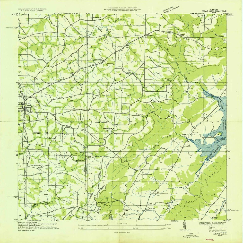 YellowMaps Arab AL topo map, 1:24000 Scale, 7.5 X 7.5 Minute, Historical, 1936, 26.8 x 22 in - Tyvek