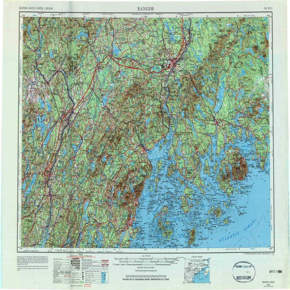 YellowMaps Bangor ME topo map, 1:250000 Scale, 1 X 2 Degree, Historical, 1956, Updated 1984, 22 x 29.4 in - Tyvek