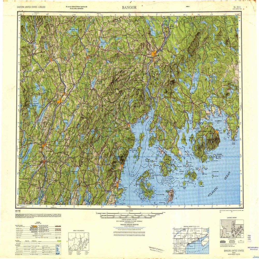 YellowMaps Bangor ME topo map, 1:250000 Scale, 1 X 2 Degree, Historical, 1948, Updated 1948, 24 x 29.6 in - Polypropylene