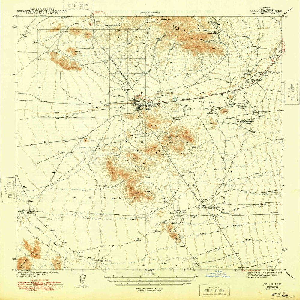 Sells AZ topo map, 1:62500 Scale, 15 X 15 Minute, Historical, 1943, Updated 1948, 20.7 x 16.9 in - Polypropylene