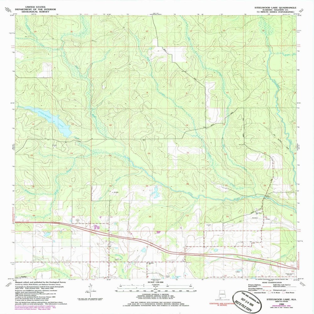 Steelwood Lake AL topo map, 1:24000 Scale, 7.5 X 7.5 Minute, Historical, 1980, Updated 1986, 27.1 x 21.9 in - Polypropylene