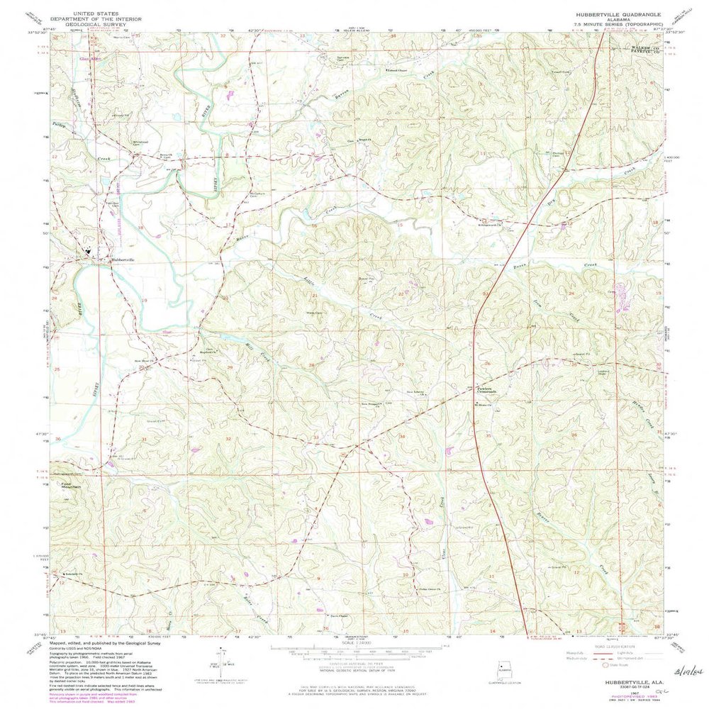 YellowMaps Hubbertville AL topo map, 1:24000 Scale, 7.5 X 7.5 Minute, Historical, 1967, Updated 1983, 26.8 x 21.9 in - Polypropylene