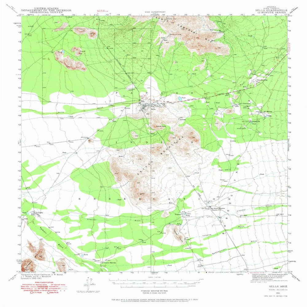 Sells AZ topo map, 1:62500 Scale, 15 X 15 Minute, Historical, 1941, Updated 1969, 20.9 x 17.2 in - Polypropylene