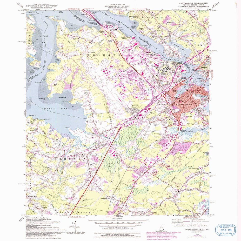 YellowMaps Portsmouth NH topo map, 1:24000 Scale, 7.5 X 7.5 Minute, Historical, 1956, Updated 1994, 26.8 x 22 in - Paper