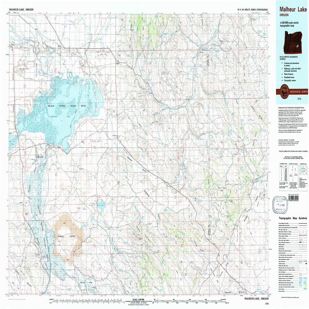 YellowMaps Malheur Lake OR topo map, 1:100000 Scale, 30 X 60 Minute, Historical, 1978, Updated 1997, 24.1 x 38.1 in - Polypropylene