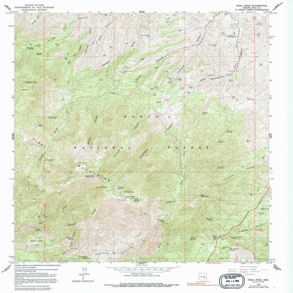 YellowMaps Pinal Peak AZ topo map, 1:24000 Scale, 7.5 X 7.5 Minute, Historical, 1964, Updated 1991, 26.8 x 22 in - Tyvek