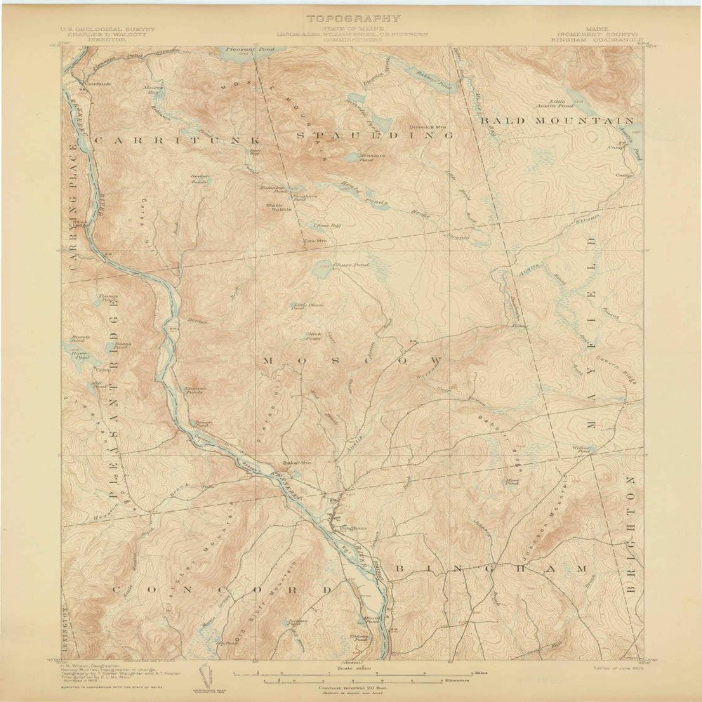 YellowMaps Bingham ME topo map, 1:62500 Scale, 15 X 15 Minute, Historical, 1905, 20 x 15 in - Polypropylene