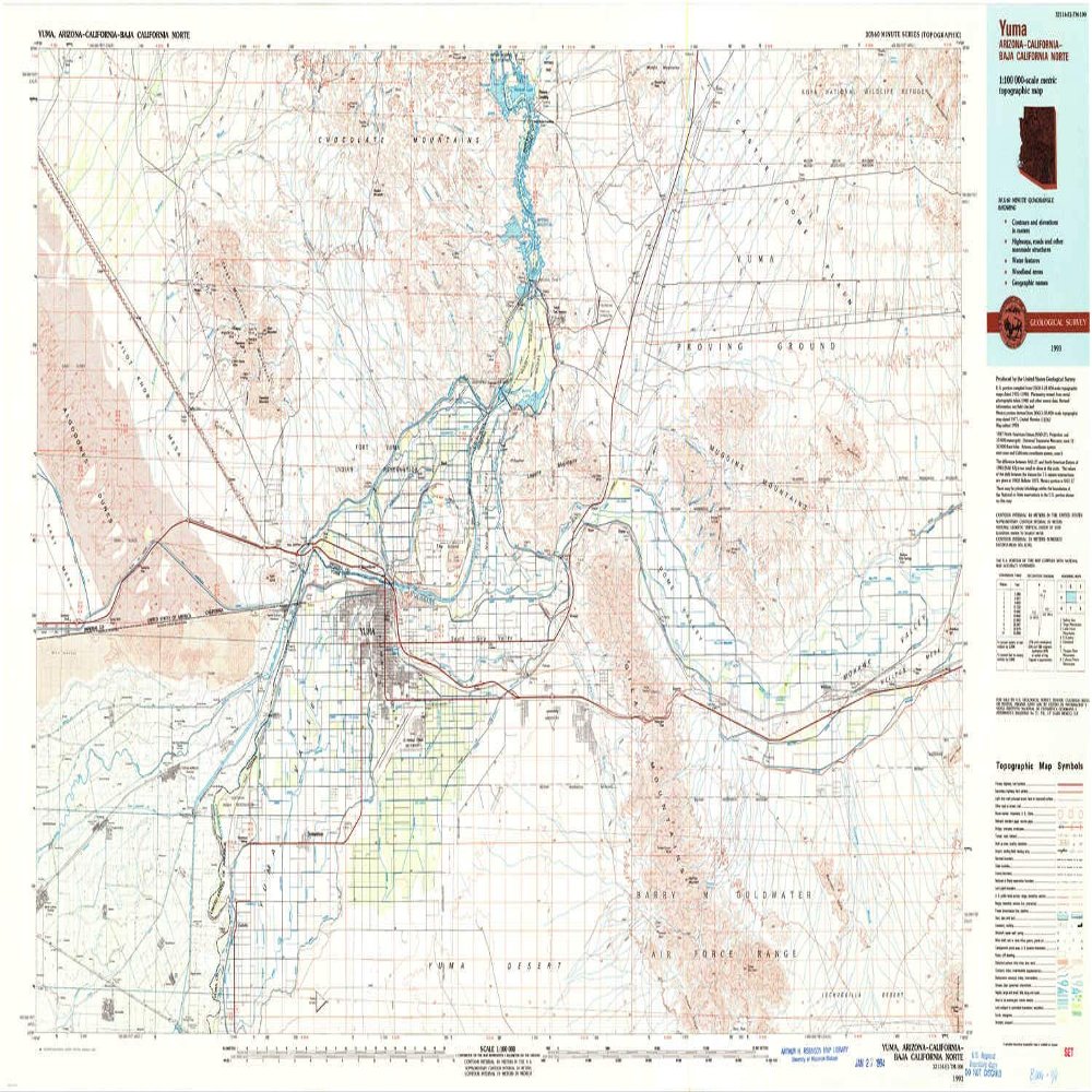 YellowMaps Yuma AZ topo map, 1:100000 Scale, 30 X 60 Minute, Historical, 1993, Updated 1993, 24.2 x 43.6 in - Tyvek