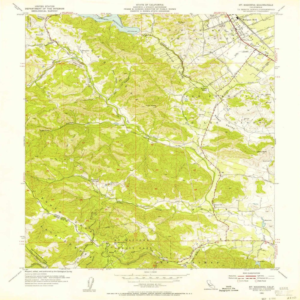 YellowMaps Mt Madonna CA topo map, 1:24000 Scale, 7.5 X 7.5 Minute, Historical, 1955, Updated 1956, 26.9 x 22 in - Polypropylene