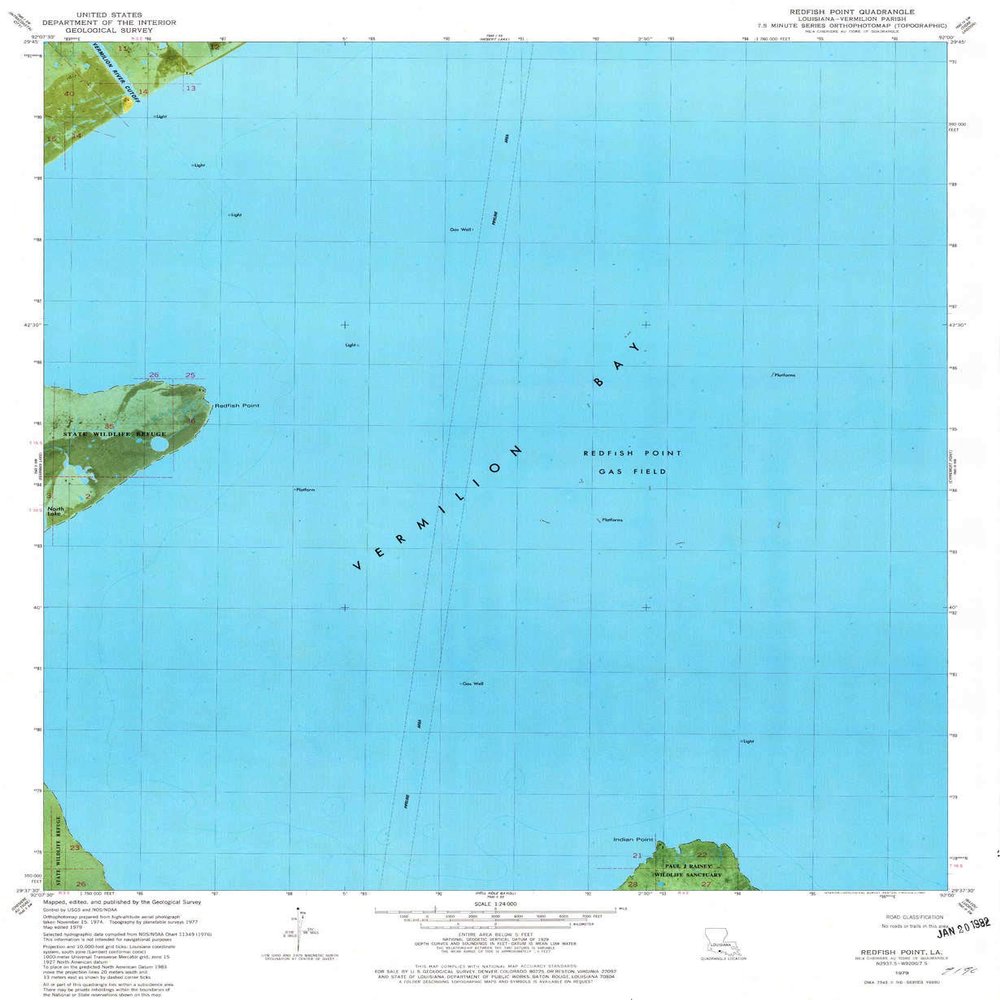 YellowMaps Redfish Point LA topo map, 1:24000 Scale, 7.5 X 7.5 Minute, Historical, 1979, Updated 1980, 26.8 x 22 in - Polypropylene