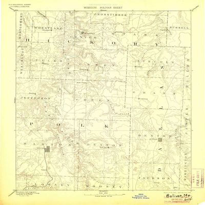 YellowMaps Bolivar MO topo map, 1:125000 Scale, 30 X 30 Minute, Historical, 1892, Updated 1906, 20 x 16.3 in - Tyvek