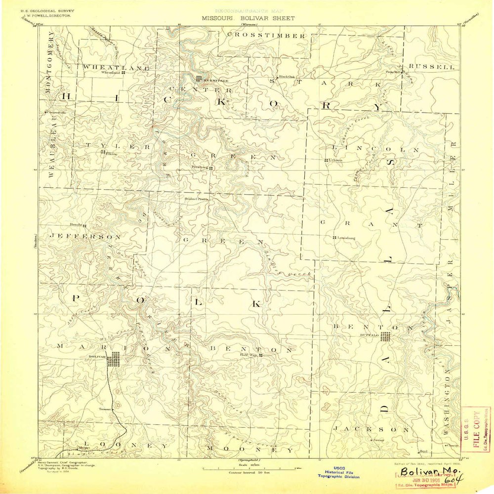 YellowMaps Bolivar MO topo map, 1:125000 Scale, 30 X 30 Minute, Historical, 1892, Updated 1906, 20 x 16.3 in - Tyvek